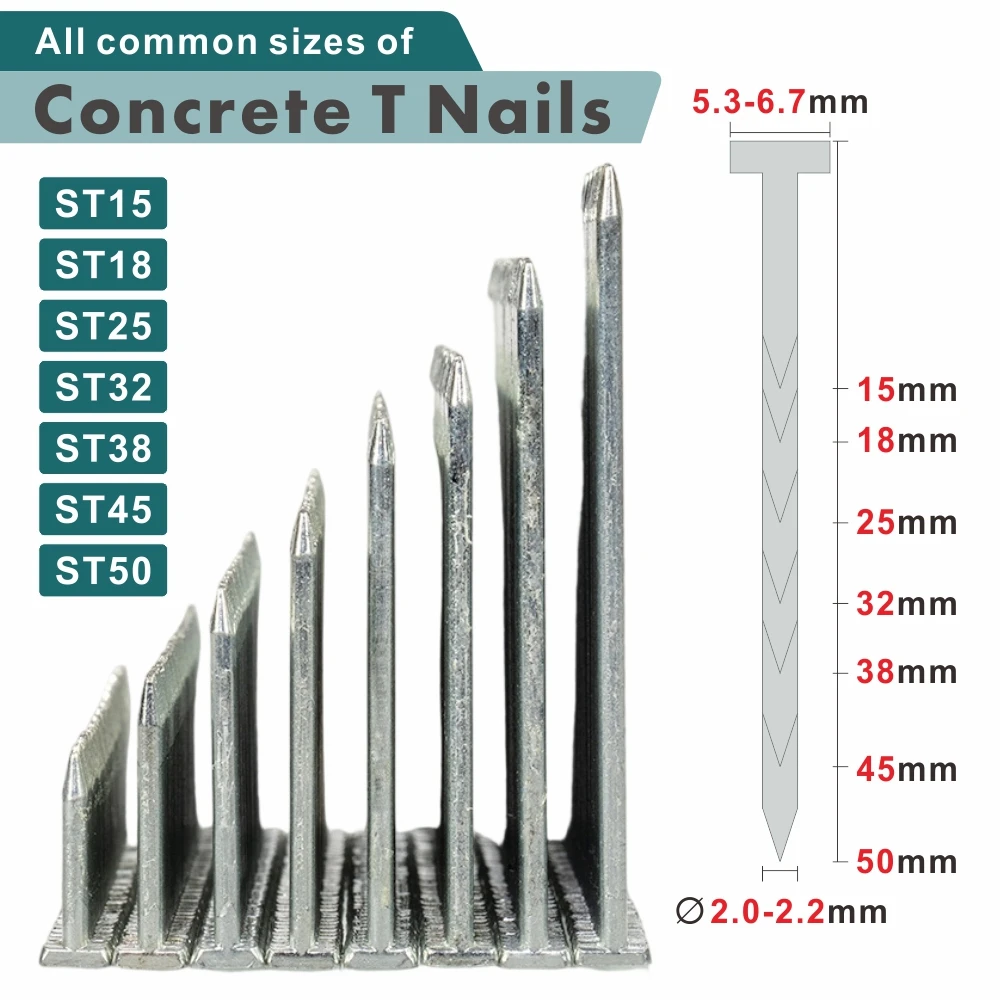 400pcs Concrete T-Nails for Pneumatic Tools -15-50mm Bard Nails for Floor, Roof & Photo Frame DIY ST15 ST18 ST25 ST32 ST38 ST45