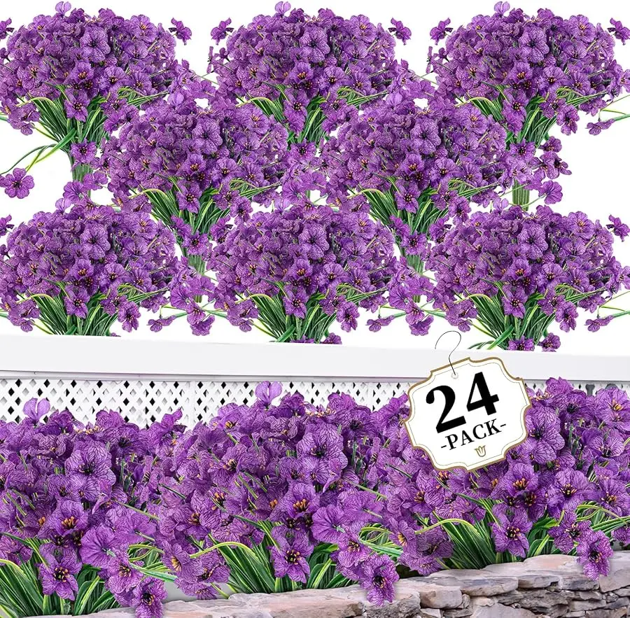 

24 Purple Bundles Artificial Flowers for Outdoors/Indoors Fake Flowers Plants for Indoor Outside Garden Porch Window Box Home We
