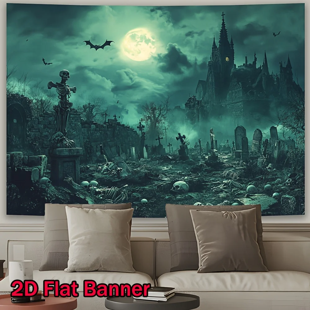2D Flat, Gothic Graveyard Scene Tapestry Wall Hanging - Eerie Skeletons, Bats & Haunted Castle Design with Full & Tombstones - D