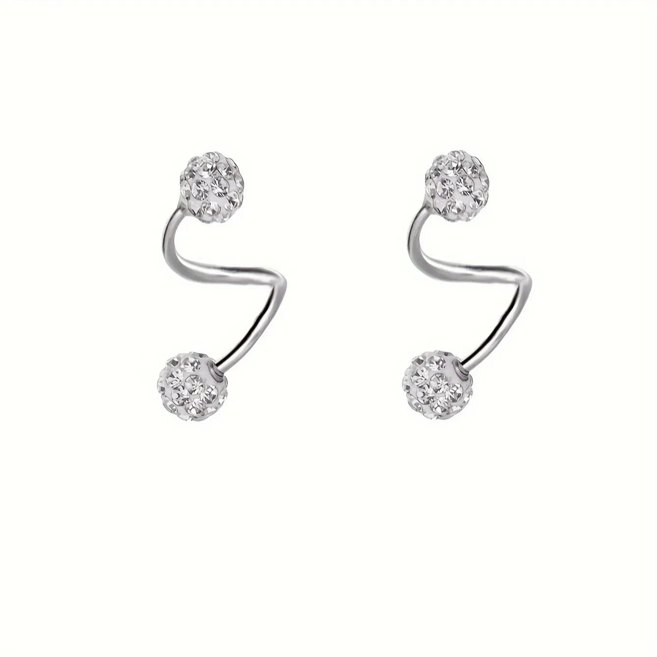 2pcs Elegant Cute Style Silvery S-shaped Spiral Design With Small Rhinestone Ball Ear Stud For Fashion Simply For Daily Wear