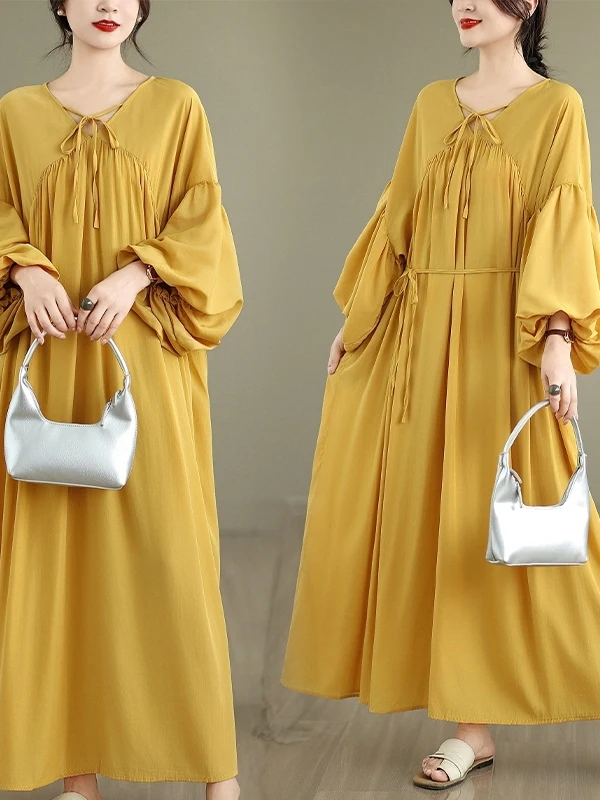 ゆったりとした韓国風スリーブVネックロングシフォンドレス、ランタンスリーブ、レディースファッション、夏の新作、秋の薄手モデル