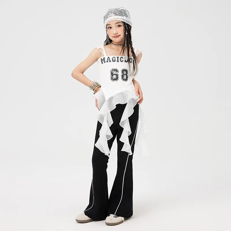 

Kid Kpop Hip Hop Clothing White Strap Ruffled Hem Crop Tank Black Casual Flare Sweat Pants for Girl Dance Wear Costumes Clothes