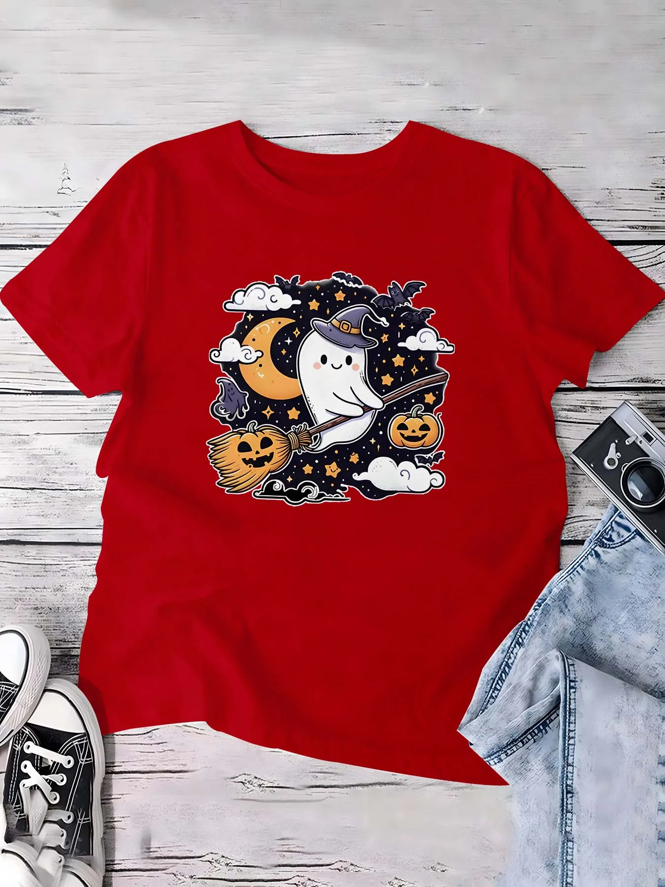

Plus Size Halloween Ghost Witchy Broom Graphic Top Merging Spooky Charm With Whimsical Night Sky Elements For A Stylish Look