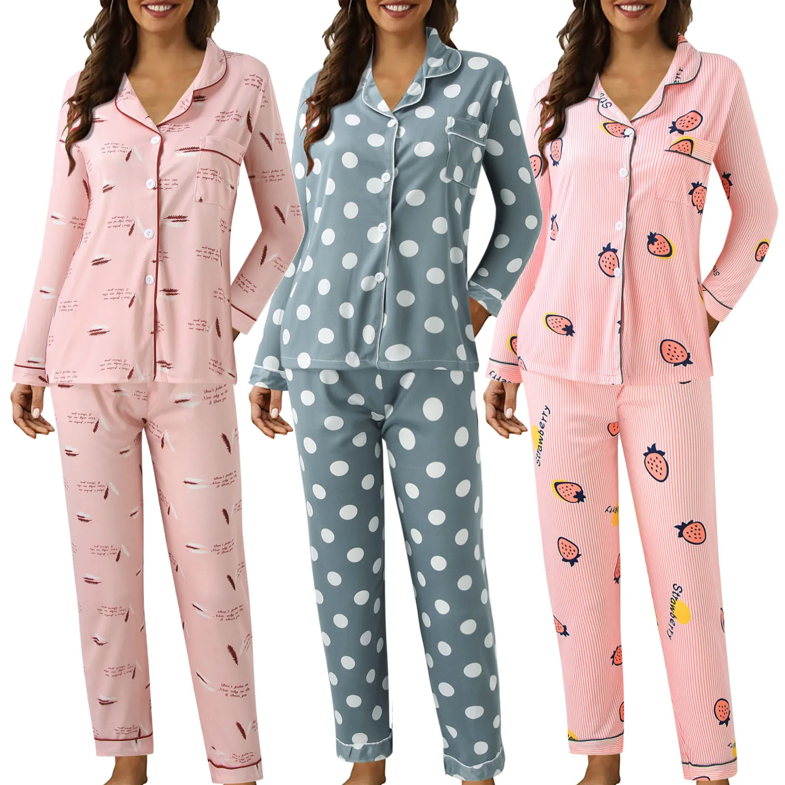 

Autumn Winter Women Pajamas Polka Dot Print Sleepwear 2024 Autumn Female 2 Piece Set Nightwear Lady Pyjamas Loungewear