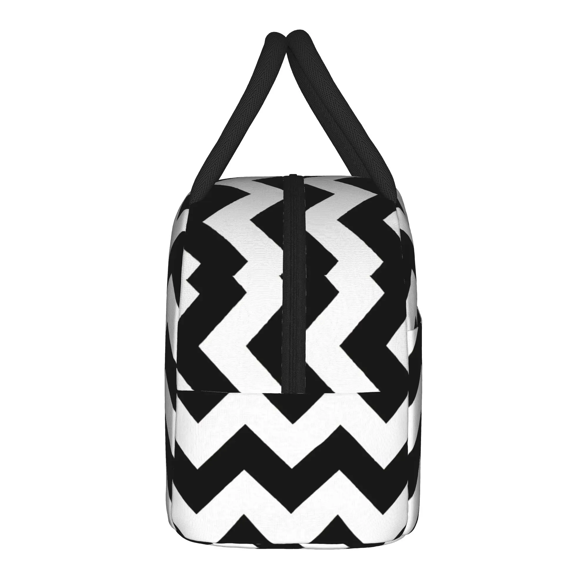 Black And White Chevron Stripes Lunch Bag  Fun Lunch Box For Child School Portable Cooler Bag Waterproof Graphic Tote Food Bags