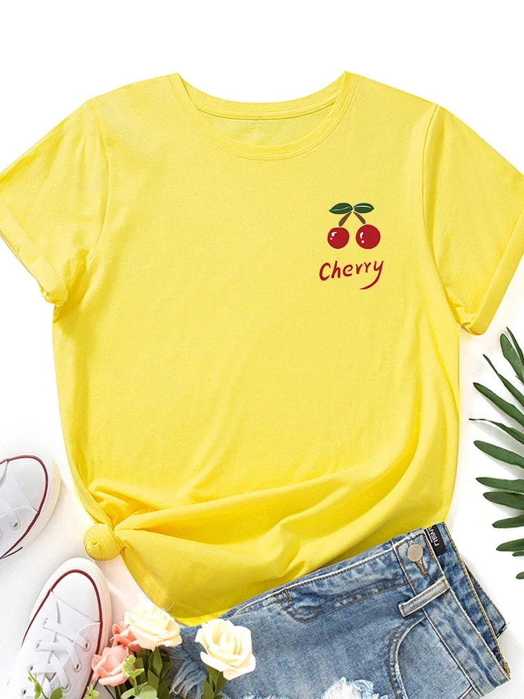 On Chest Red Cherry Print Women T Shirt Short Sleeve O Neck Loose Women Tshirt Ladies Tee Shirt Tops Camisetas Mujer