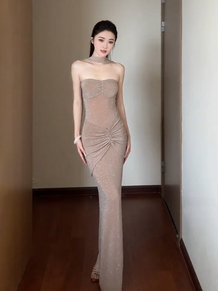

Sexy Strive Umei Sexy Strapless Evening Dress Women Spring Summer Pure Desire Drill Ironed Pleated Mid-Length Skirt Dress