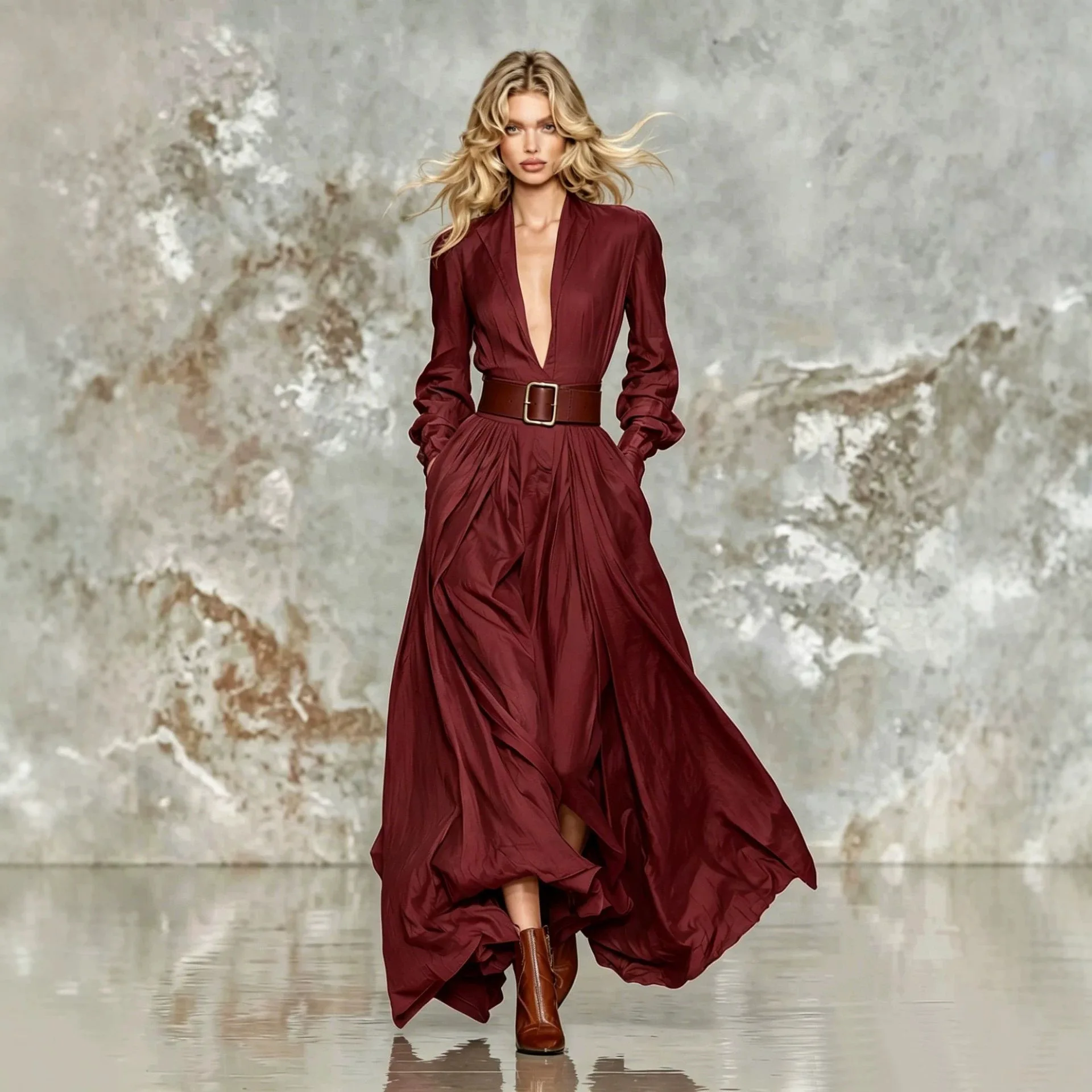 Chic Elegant Casual Holiday Sundress MsChuh Women's Maxi Dresses Deep V Neck Long Sleeve Crinkle Pocket Flowy Swing A Line Dress