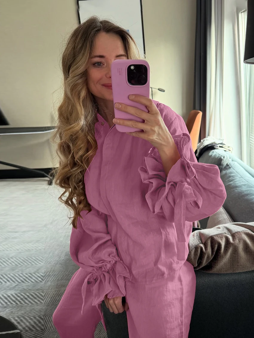 Marthaqiqi Cotton Ladies Nightwear 2 Piece Set Long Sleeve Nightgown Turn-Down Collar Sleepwear Pants Winter Female Pajamas Suit