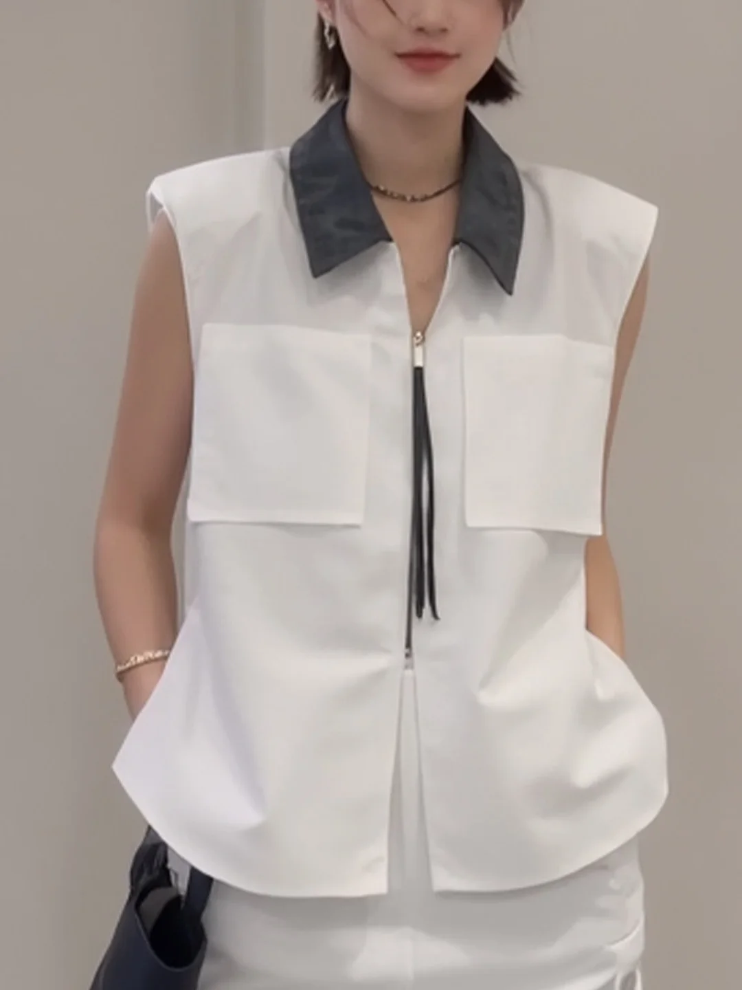 

Korean Sle White Collar Svel irt Women's Summer Faion Design ket Detail Chic Women's Clothing Casual irt