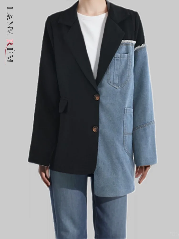 

LANMREM Spring 2024 Loose Blazer Stitching Denim Coat Irregular Single Breasted Color Block Jacket Female Fashion Coats 2A04505