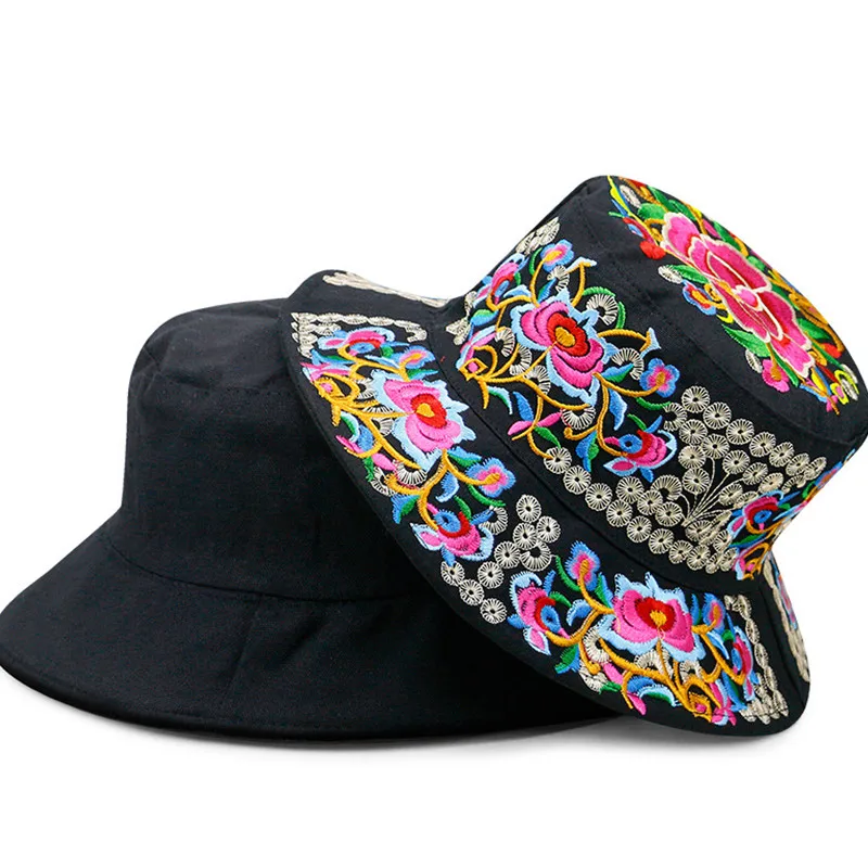 Embroidered bucket hats for men and women Chinese ethnic style copper money flower phoenix flower 3D embroidery ethnic craft