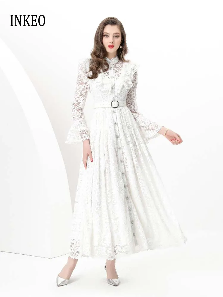 

Luxury Ruffles Lace X-long shirt dress with belt 2025 Spring Summer White Long sleeve Single breasted Dresses High quality 5D064