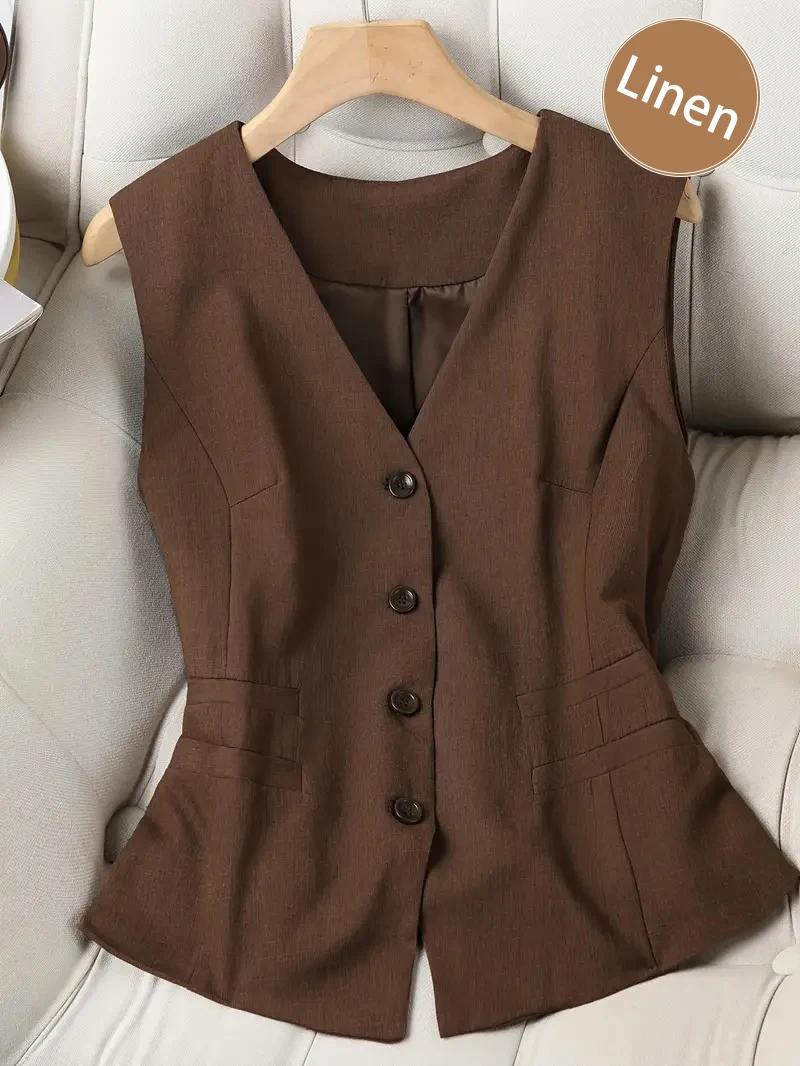 سترة نسائية أنيقة من مزيج الكتان، رقبة على شكل حرف V قابلة للتنفس، صدرية بأزرار أمامية، خفيفة الوزن للصيف، مكتب علوي، كاجوال وسفر
