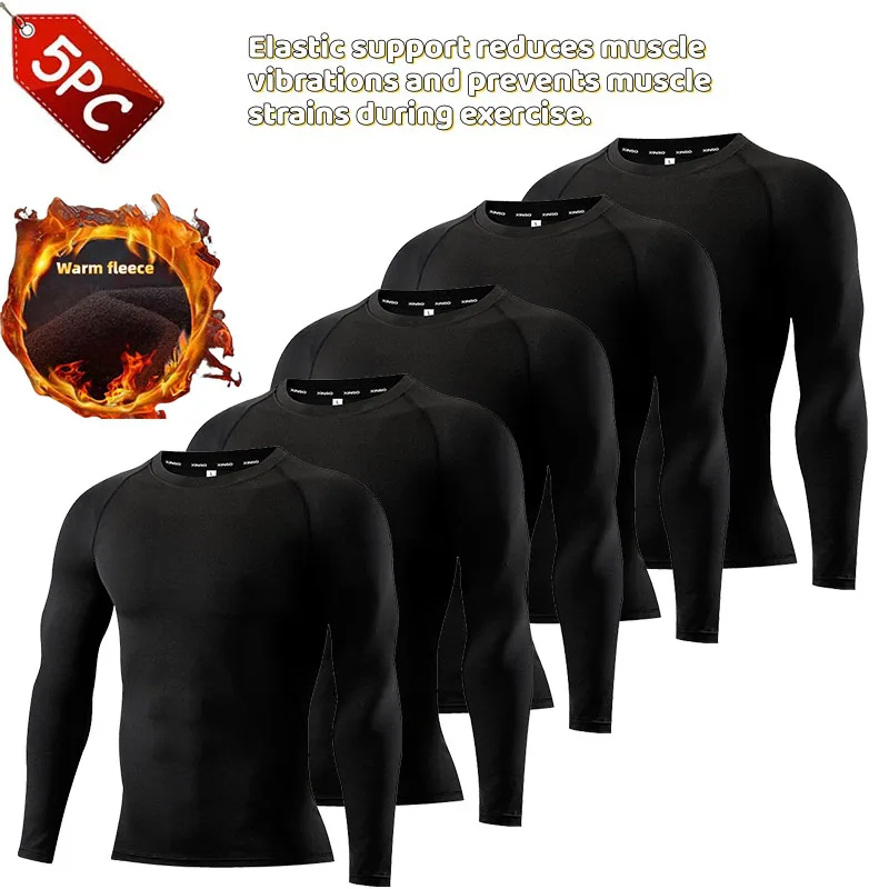 

5-Piece Men's Sports Top Fleece-lined Warmth Long Sleeve T-shirts Gym Clothing Man Fitness equipment Comfort for Training Winter