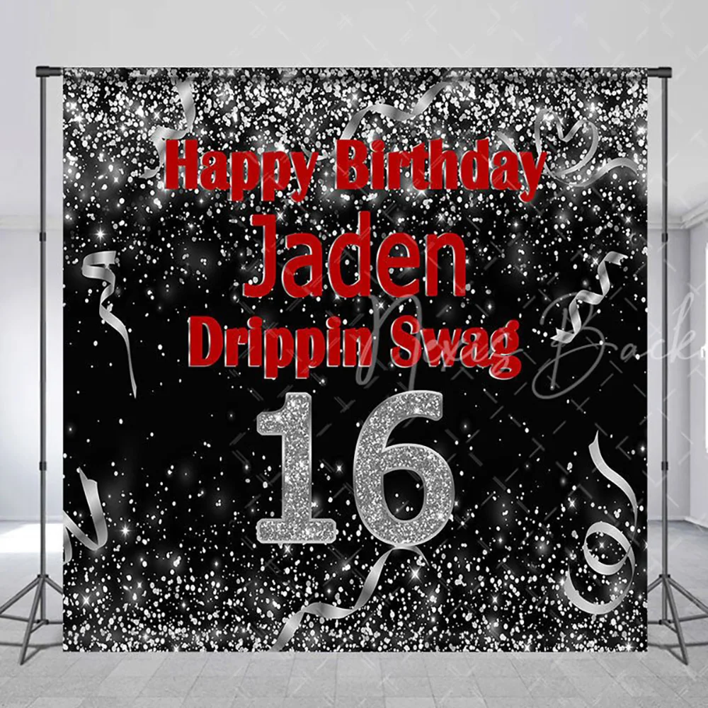 

Black Silver Glitter Custom 16th Birthday Backdrop for Girl, Shiny Photography Background Photo Booth Decoration