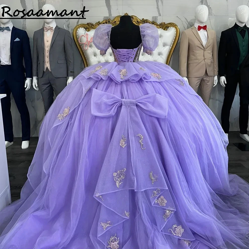 

Lilac Sweetheart Short Sleeve Bow Ball Gown Quinceanera Dresses Crystal Beading Sequined Appliques Corset Vestidos De 15 Años