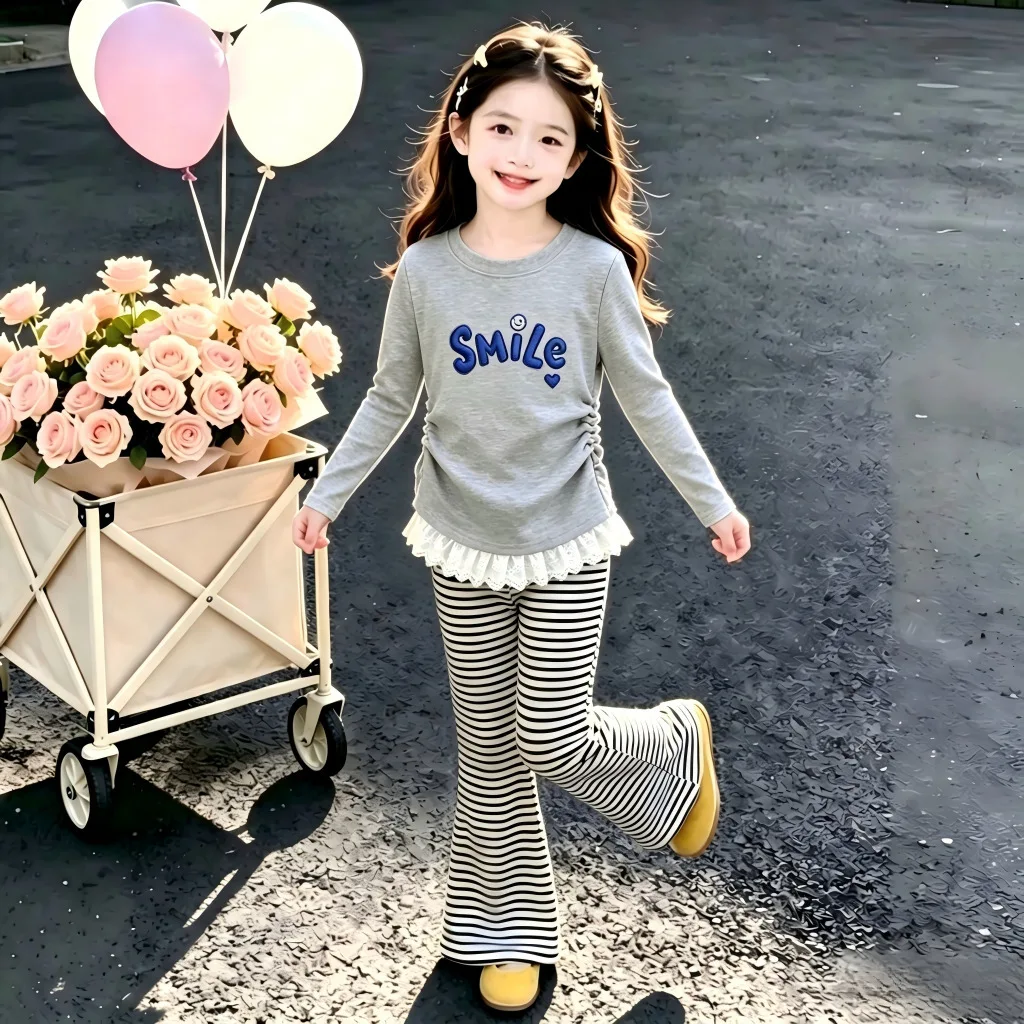 2026 Autumn Kid Girls Cloth Set Suit Child smile  slim Sweatshirt T-Shirt lace Top + bell-bottom Striped Pant 4 8 10 12 Year