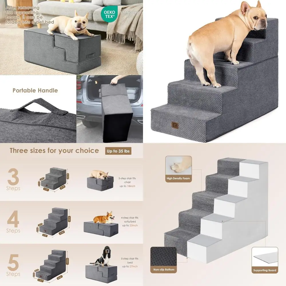 

5-ступенчатый пандус для домашних животных для высоких кроватей, высота 22,5, нескользящая лестница для маленьких собак и кошек, серые ступеньки для дома
