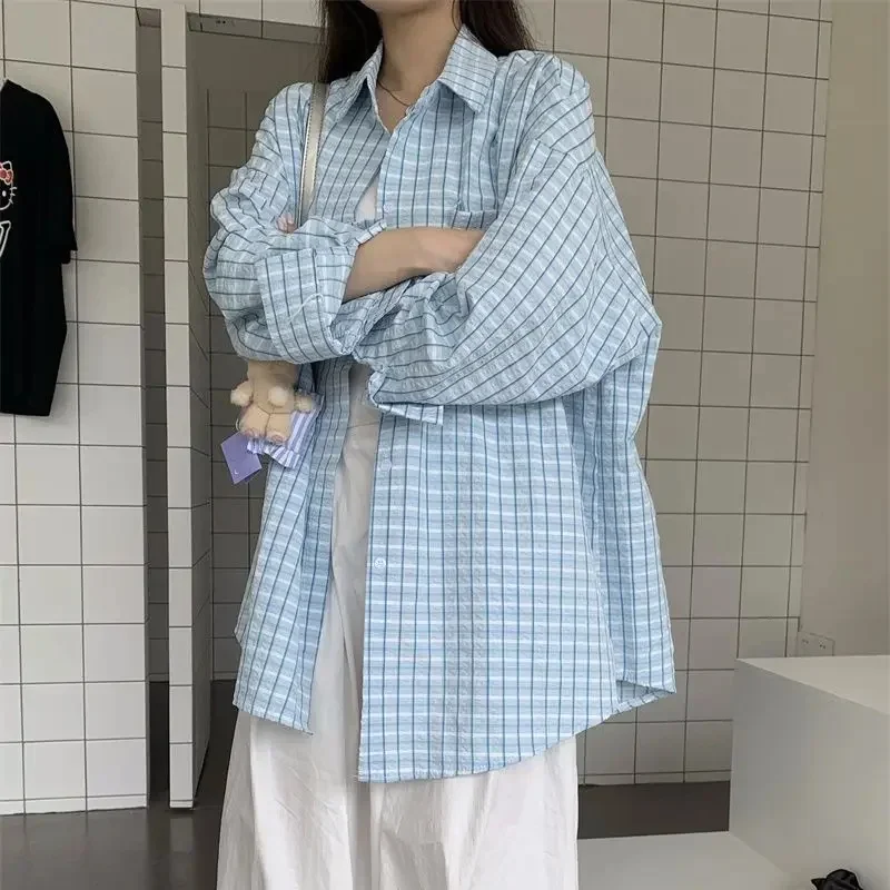 NICE Blue Plaid Sun Protection Shirt Women's Casual Loose Summer Weekend Lazy Style Open Cardigan Outerwear PPHOME Easy Weekend