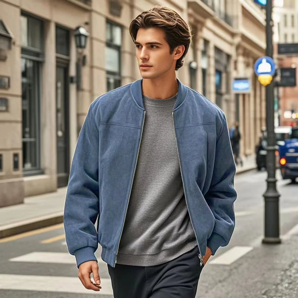Cross-border suede solid color men\'s zipper jacket casual retro long-sleeved jacket