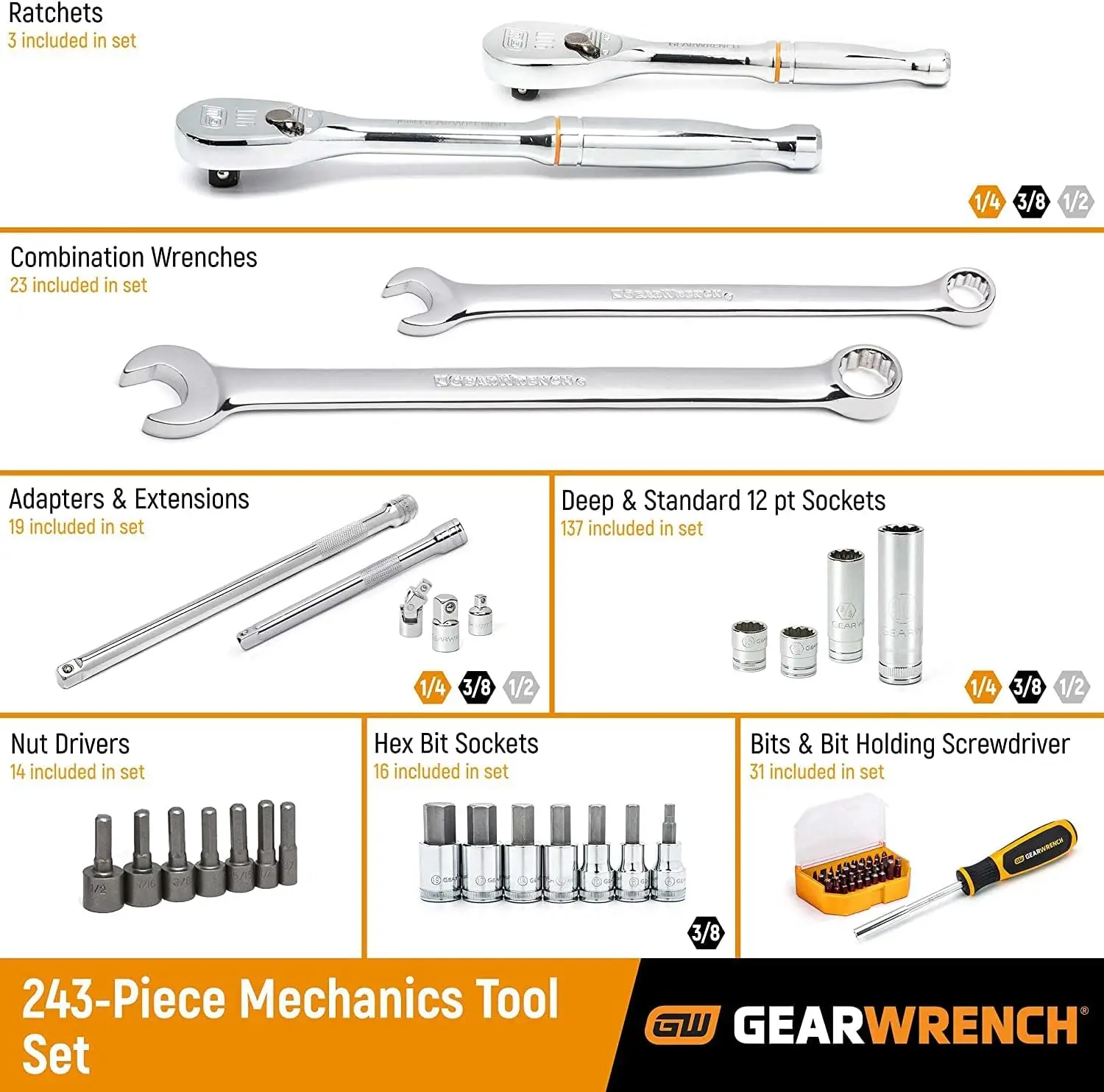 243 Piece Mechanics Tool Set in 3 Drawer Storage Box | 12 Point | 80972