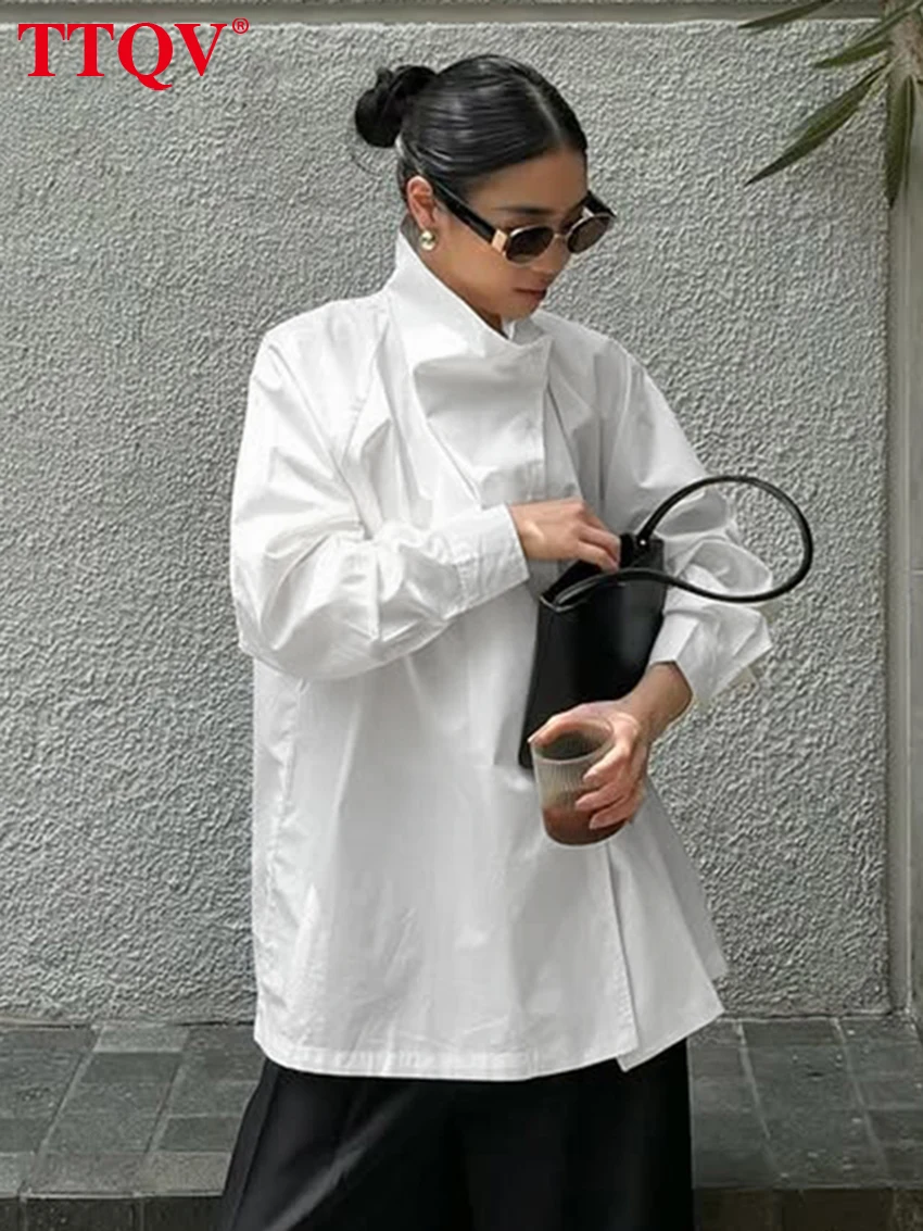 TTQV Blus Wanita Katun Putih Longgar Musim Semi 2026 Kemeja Lengan Panjang Turtleneck Fashion Pakaian Wanita Atasan Solid Klasik Elegan