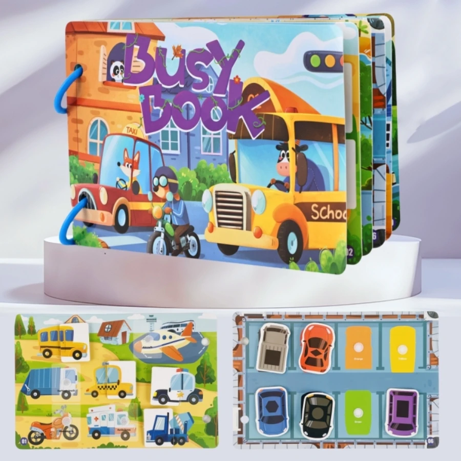 Children's Early Education Interactive Activity Book, Reusable Traffic-Themed Quiet Book, Vehicle Cognitive Recognition Shape and Color Matching Puzzle Game, DIY Toy to Develop Hands-On Skills, Suitable as a Holiday Gift for Boys and Girls Aged Three and Above
