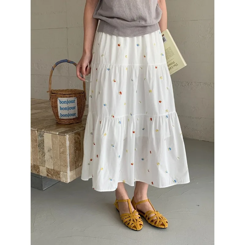 

Korean Style Floral Embroidery Elastic High-Waist Skirt Pure Desire Casual Elegant Women Casual Skirt Cute Pure Desire 9G8H