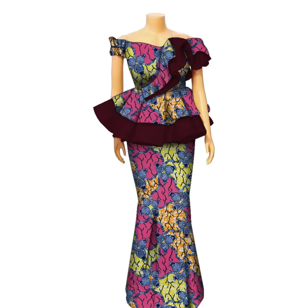 Gonne moda donna Set Abiti africani O-Collo Mezza manica Dashiki Camicetta Top e gonne Abito lungo Abito africano WYQ985-wome