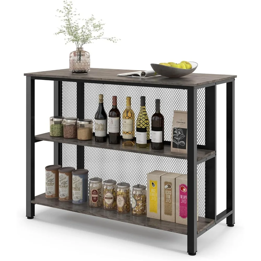 

Home Bar Unit, 3-Tier Bar Table with Storage Shelves, Metal Frame, Adjustable Foot Pads, Breakfast Corner Bar Cabinet for Kitch