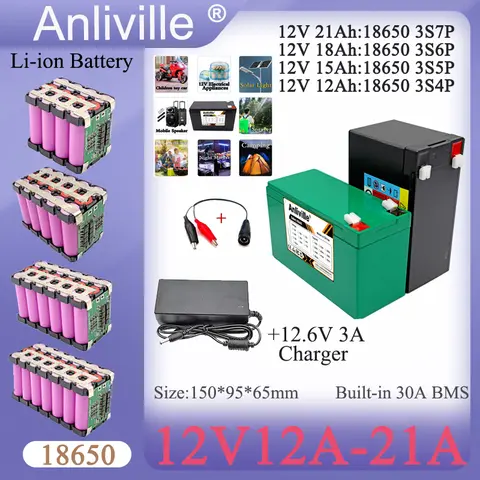 New 12V 12Ah 15Ah 18Ah 21Ah 18650 Lithium Battery Pack 3S4P-7P+12.6V 3A Charger, For Sprayer Fishing Boat UPS Toy Car Audio Lamp