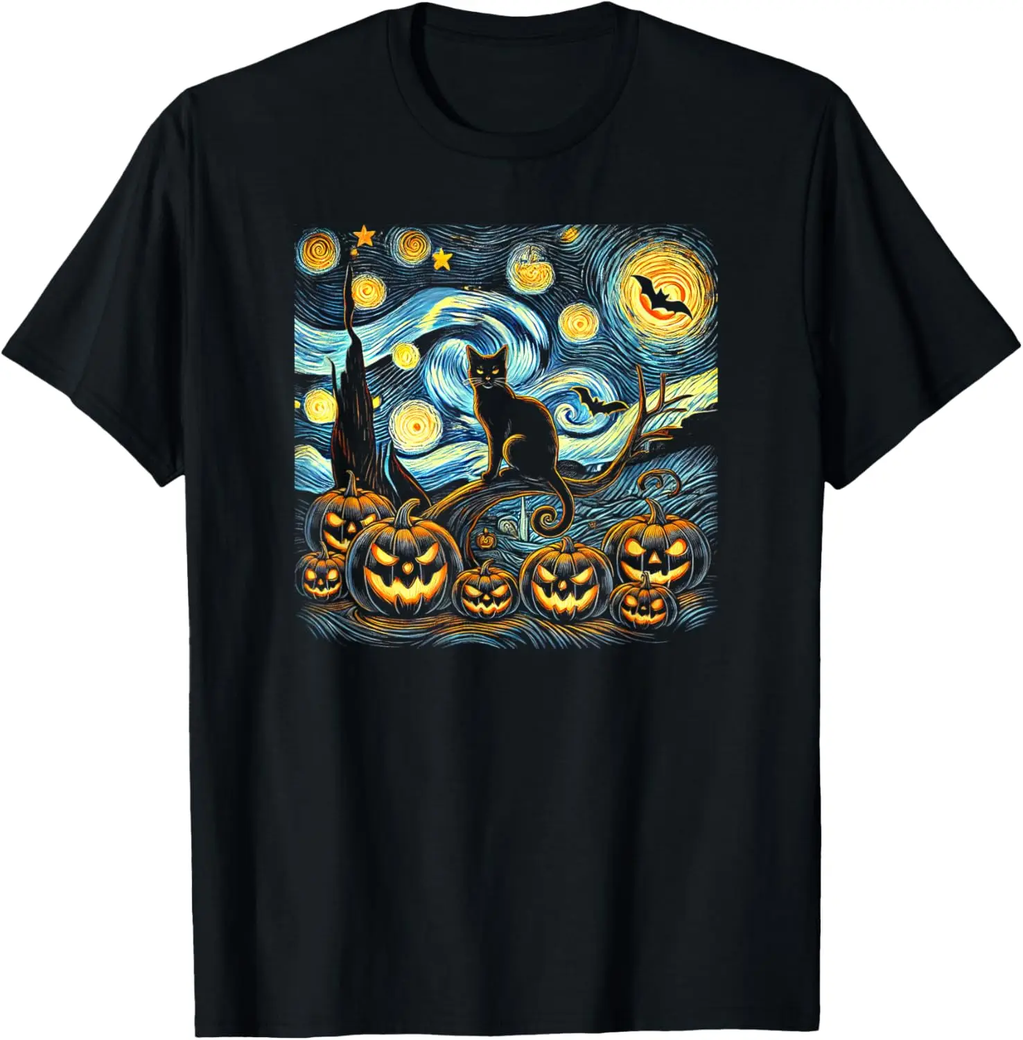 Halloween Van Gogh Starry Night Pumpkin Black Cat Costume T-Shirt