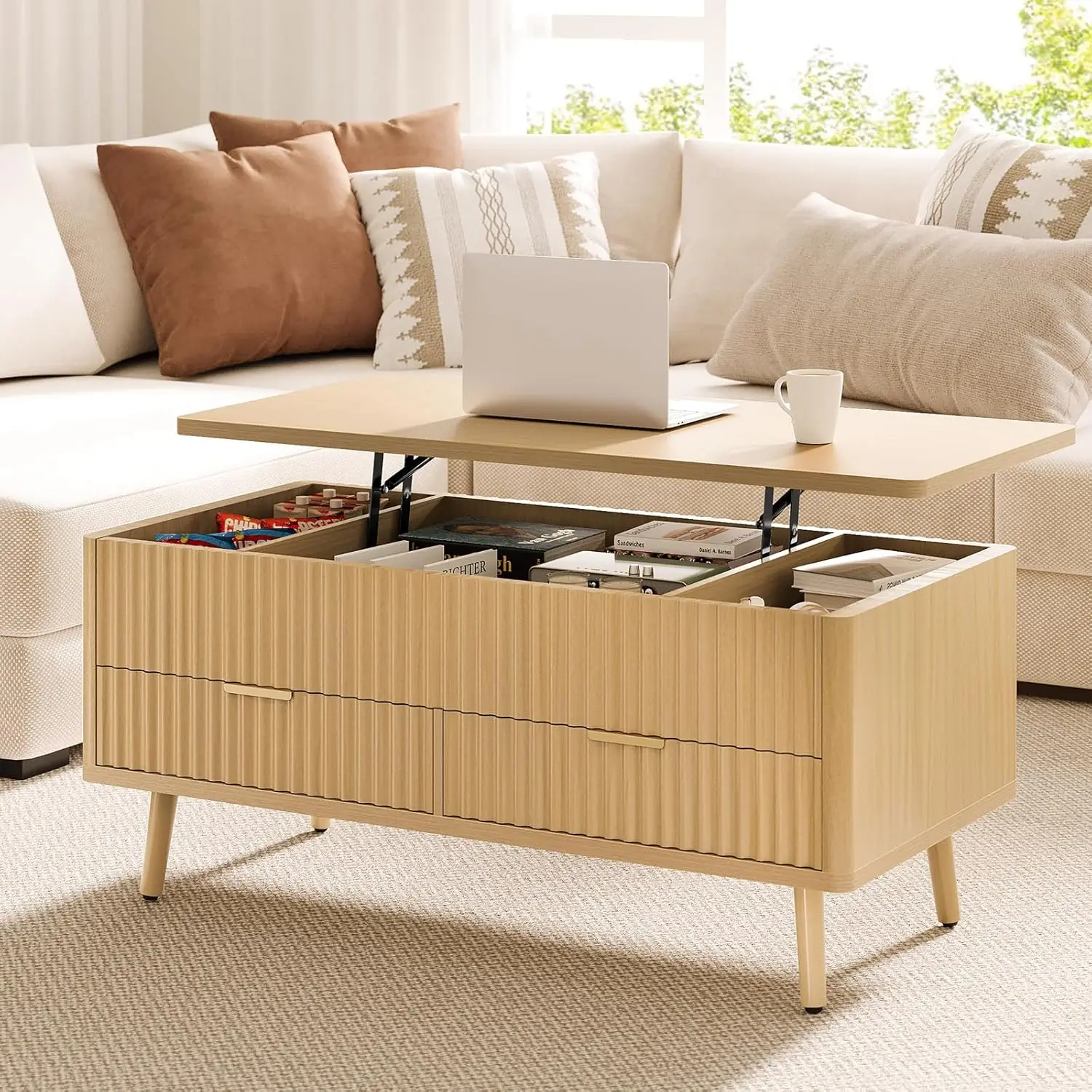 Mesa de centro cuadrada moderna natural de mediados de siglo: mesa central de madera estriada con tapa elevable grande con cajones y compartimento de almacenamiento oculto