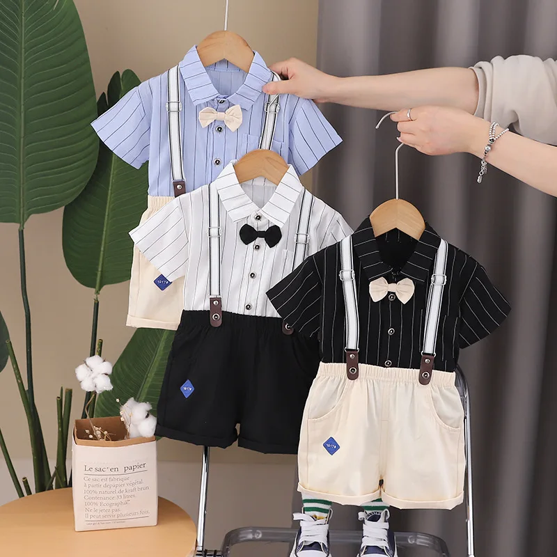 Baby Boys' 2Pcs Outfit Set Striped Shirt & Suspender Shorts with Bow Tie Casual Cotton Clothing for Toddlers Party Daily Wear