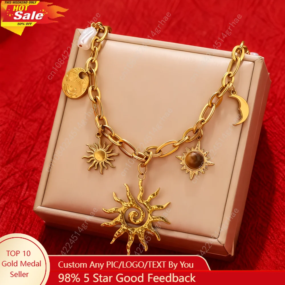 

Trendy Sun Moon Shape Imitation Pearl Pendant Necklace Stainless Steel PVD Gold-plated Craft Gold Waterproof Women Jewelry Gift