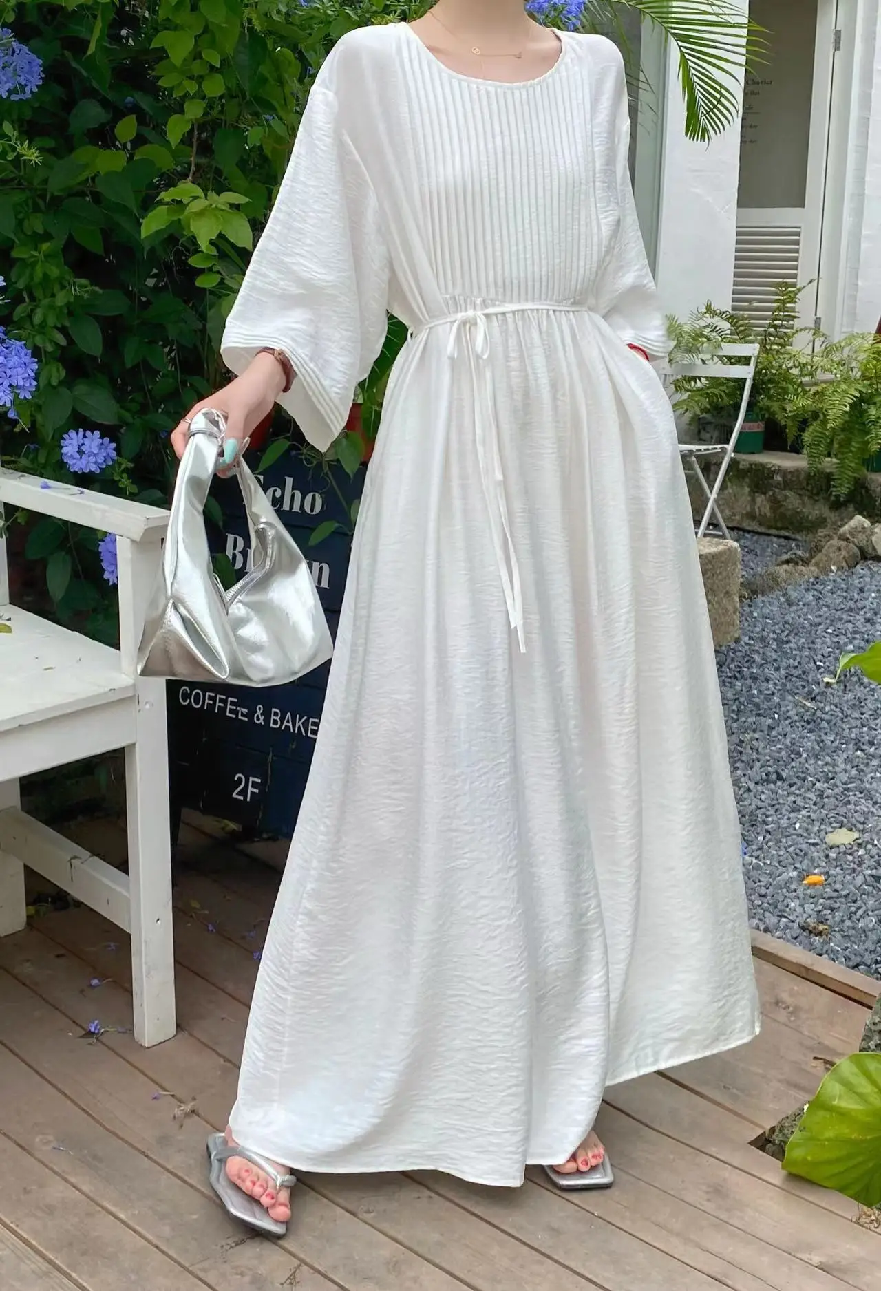 

Women's Loose Fitted Midi Dress with Pleats on Chest round Neck Long Sleeve Summer Commute Straight Cut Polyester Dress