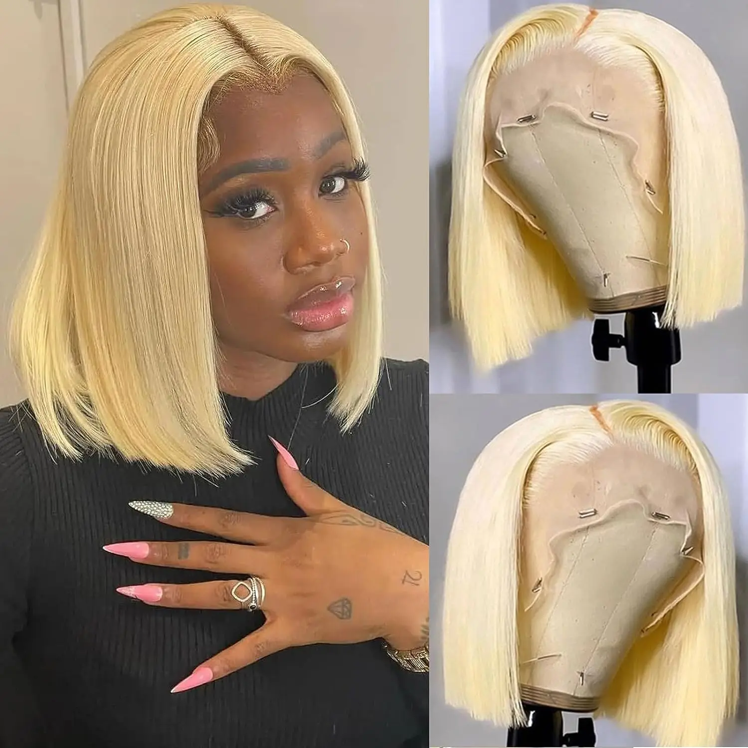 

613 Blonde Bob Wig 4x4 Glueless Closure Lace Front Wig Straight Short Bob Human Hair Wigs Pre Plucked with Baby Hair For Woman