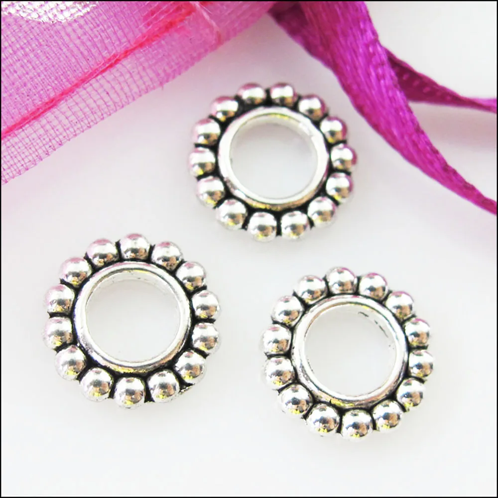 60Pcs Tibetan Silver Color Round Circle Spacer Beads Charms 10mm