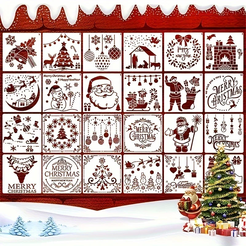 12pcs Vibrant Christmas Series Painting Stencils - Reusable, Washable, PET Material for Watercolor, Stone Painting, Graffiti, an