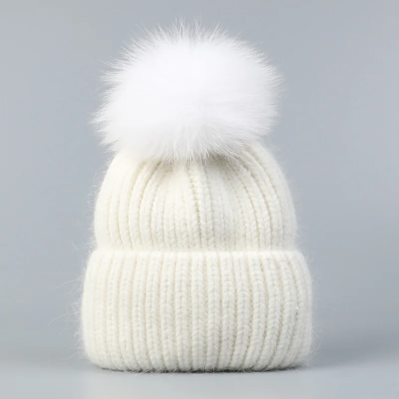 

Шапки с помпонами из натурального лисьего меха для женщин, зимние уличные теплые шапочки Skullies, модные вязаные толстые шапки на Рождество