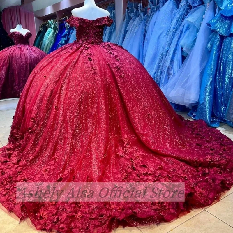 Vestidos De quinceañera con hombros descubiertos para niña, falda De baile Floral 3D, Vestido De fiesta De cumpleaños para niña De 15 a 16 años