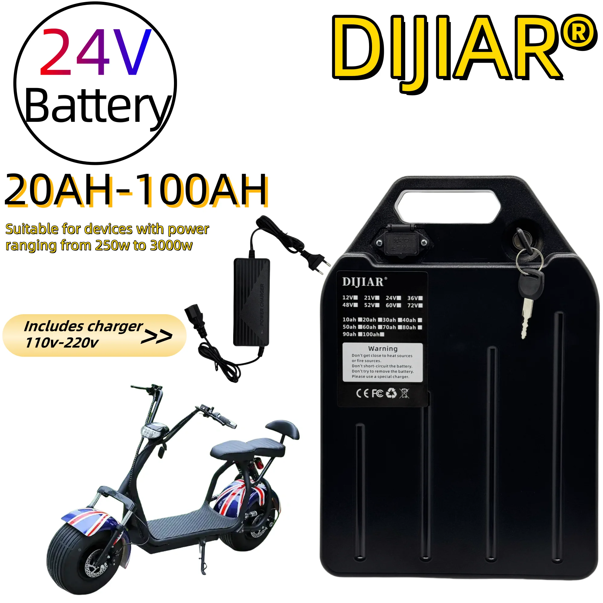 

Harley electric scooter 18650 lithium-ion battery 24V 20AH-100AH, built-in 30AH BMS application 500W~3000W motor power