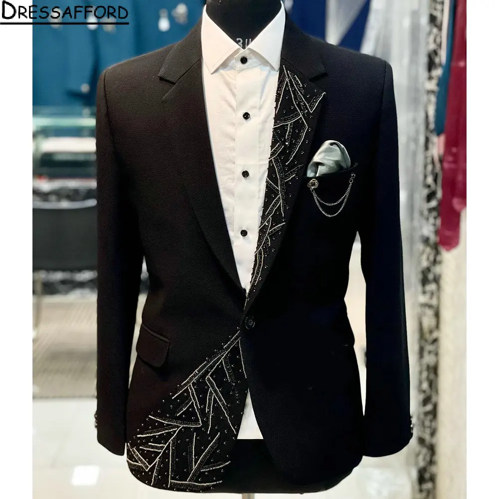 

Black Formal Men Suits 2 Piece Geometry Beading Fashion Business Casual Wear Party Wedding Groom Tuxedo Jacket And Pants