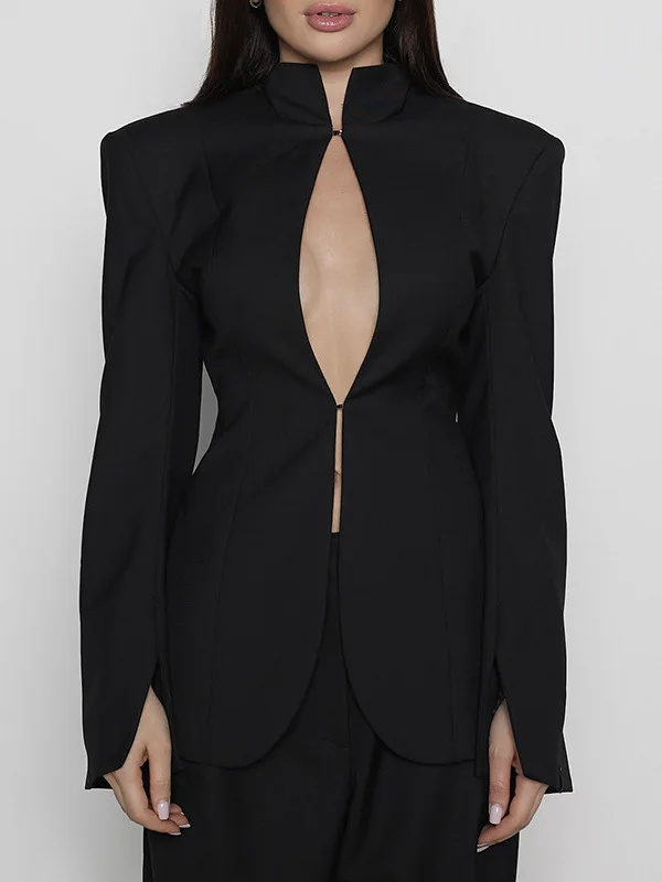 

Sexy Hollowed out Pure Color Slim Fit Suit Style Women's Jacket Breathable Zipper Closure Long Sleeve Business Casual Coat