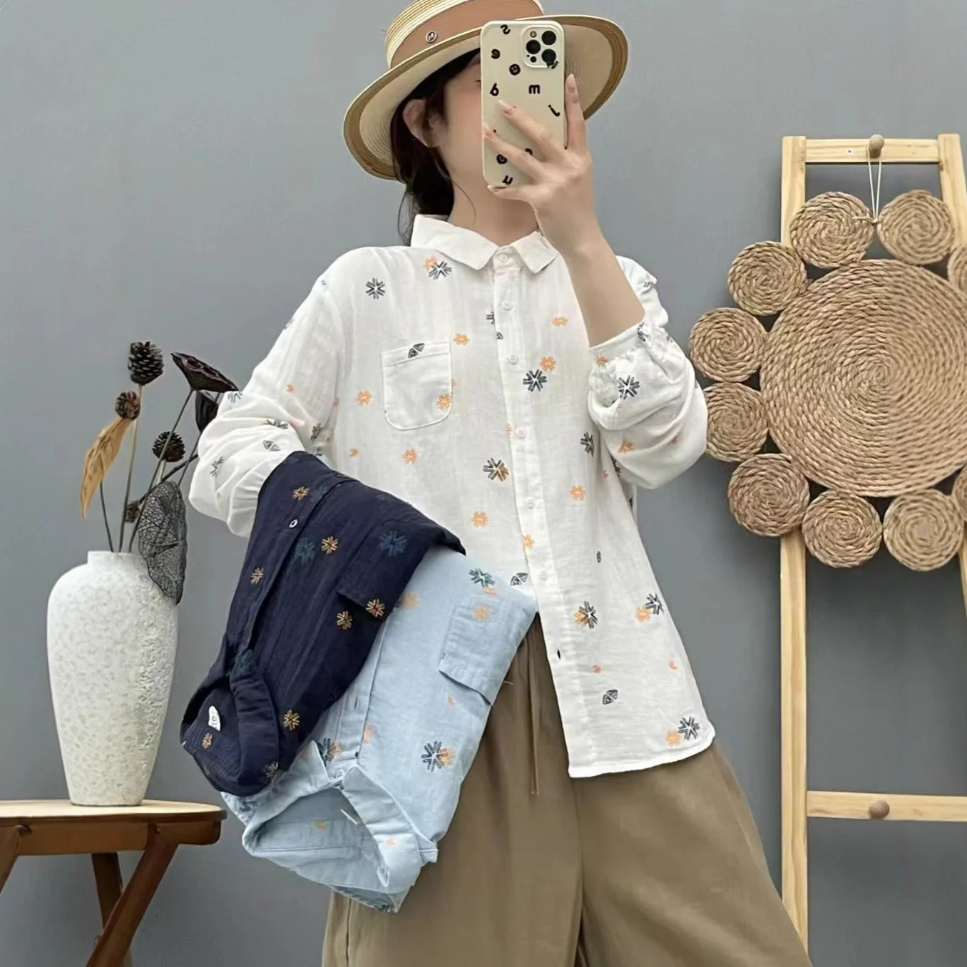 

Офисная женская одежда, 100% хлопчатобумажная пряжа, серое листье, вышитая женская рубашка с длинными рукавами, блузка, женская осенняя одежда