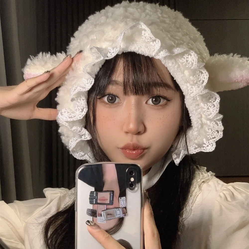 トレンディなソフトふわふわ帽子レースラムカシミヤコスチューム帽子ラム耳コスプレ帽子