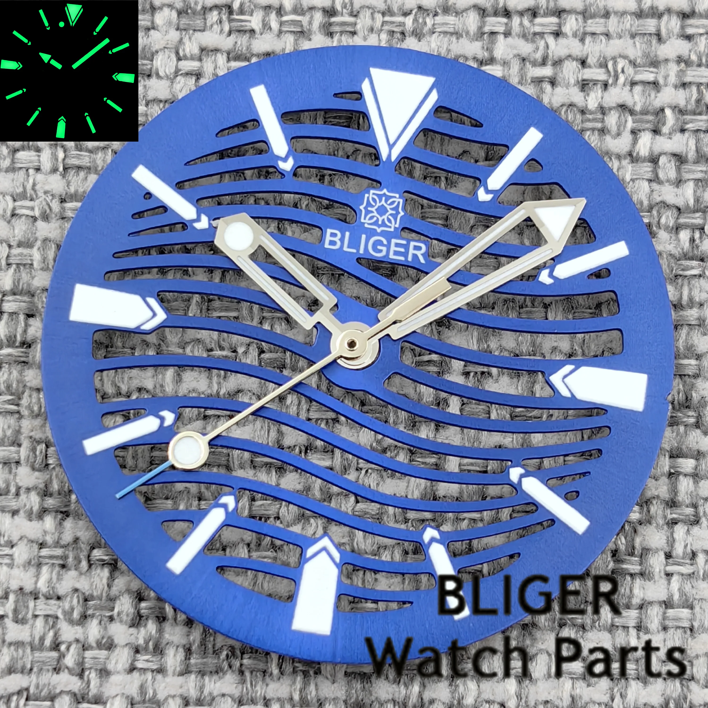 

BLIGER New Hollow-out Watch Dial And Skeleton Hands Fit 29mm Blue Dial C3 Green Luminous Fit NH70 NH72