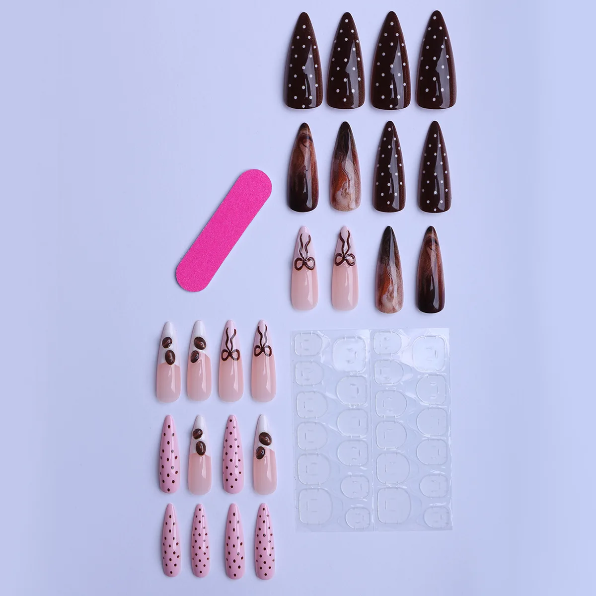24pcs Coffee Swirl Press on Nails 3D Coffee Bean Bow Pink Polka Dot French Tip Design Fake Nail Long Point Fasle Nail for Women 3
