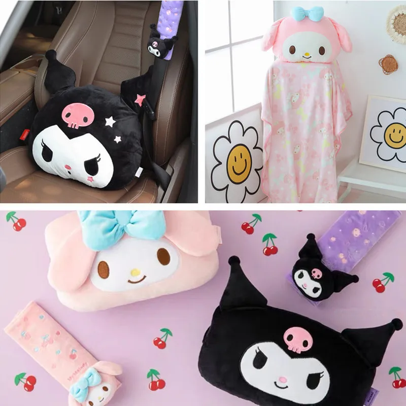 Sanrioes Anime My Melody Kuromi Plush Car Neck Headrest Pillow Car Accessories Soft Plushie Safety Belt Shoulder Cover Gifts Toy